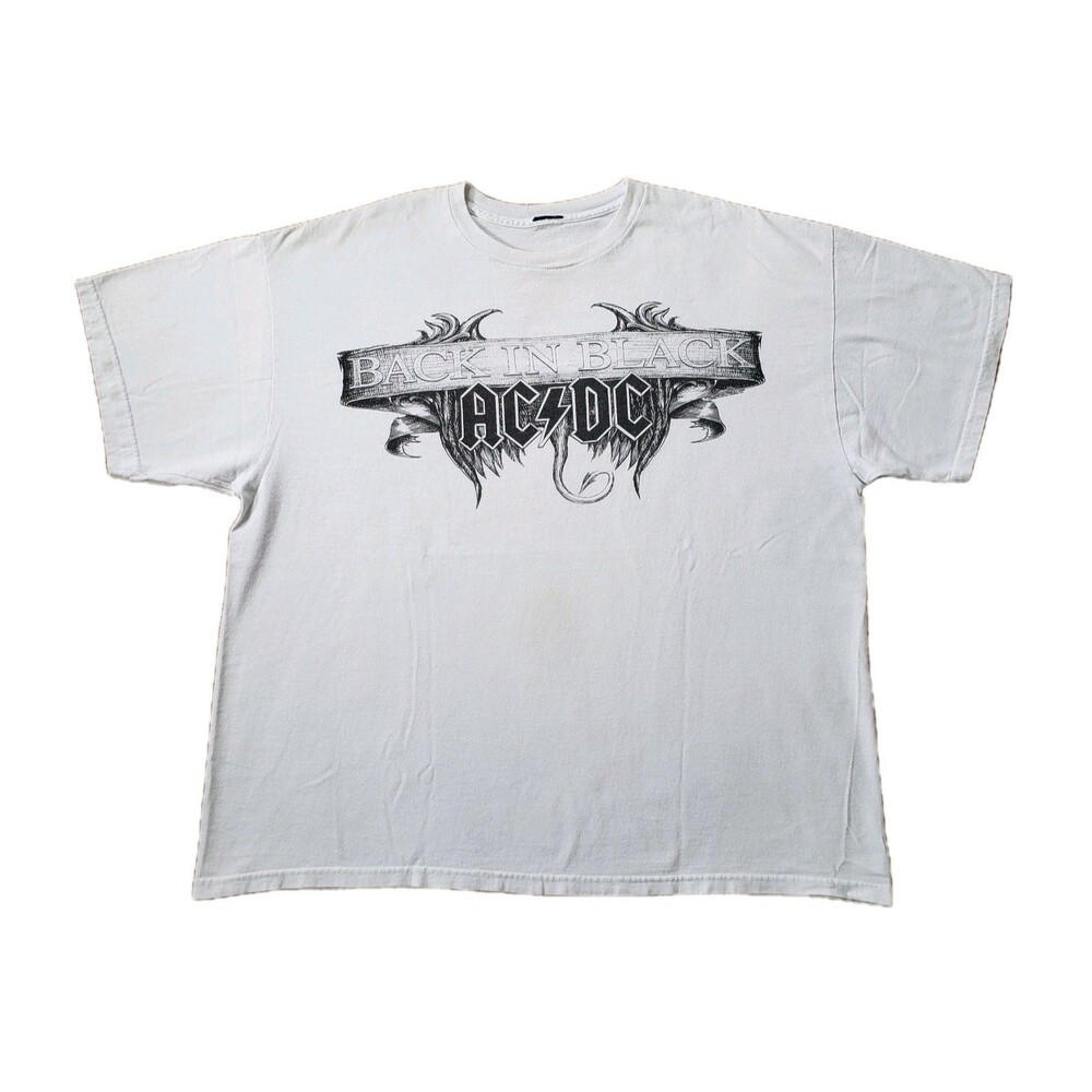 Vintage Y2K AC/DC Back In Black Sz XL BOXY Mens White T-Shirt 2008 FLAWED Rock